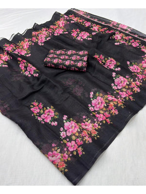Black Linen Saree with Floral Printed Detailing for Modern Ethnic Styling - Image 2