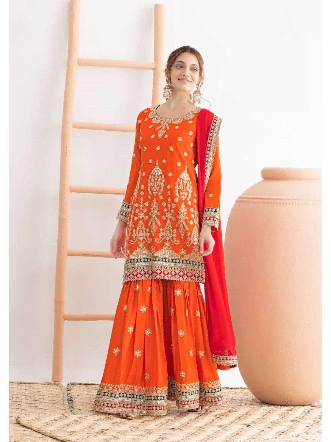 Orange Embroidered Chinon Semi-Stitched Sharara Style Suit - Image 1