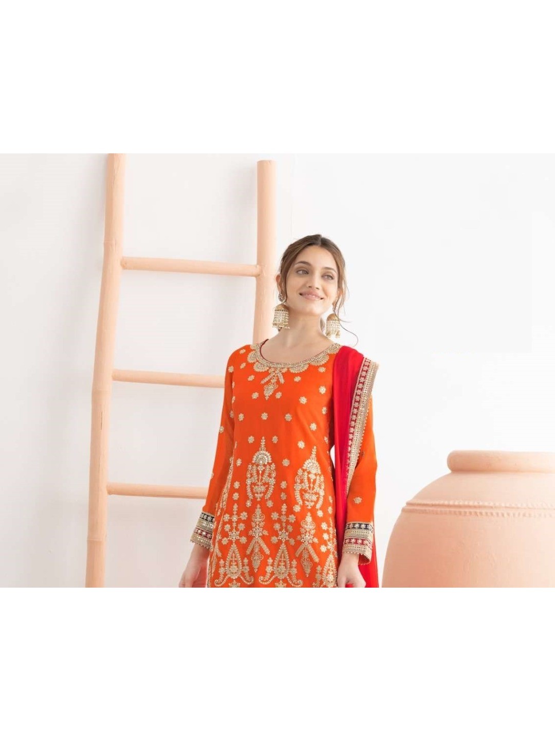 Orange Embroidered Chinon Semi-Stitched Sharara Style Suit - Image 2