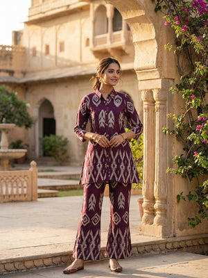 Modern Purple Ikkat Printed Viscose Top and Bottom Set with Classic Traditional Appeal - Image 1