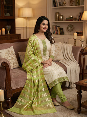 Cream & Green Floral Weaving Shimmer Dress Material Adorned With Elegant Sequins Embroidery - Image 1