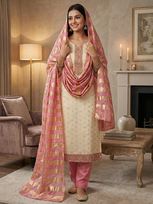 Cream & Pink Floral Weaving Shimmer Dress Material Adorned With Elegant Sequins Embroidery - Image 1