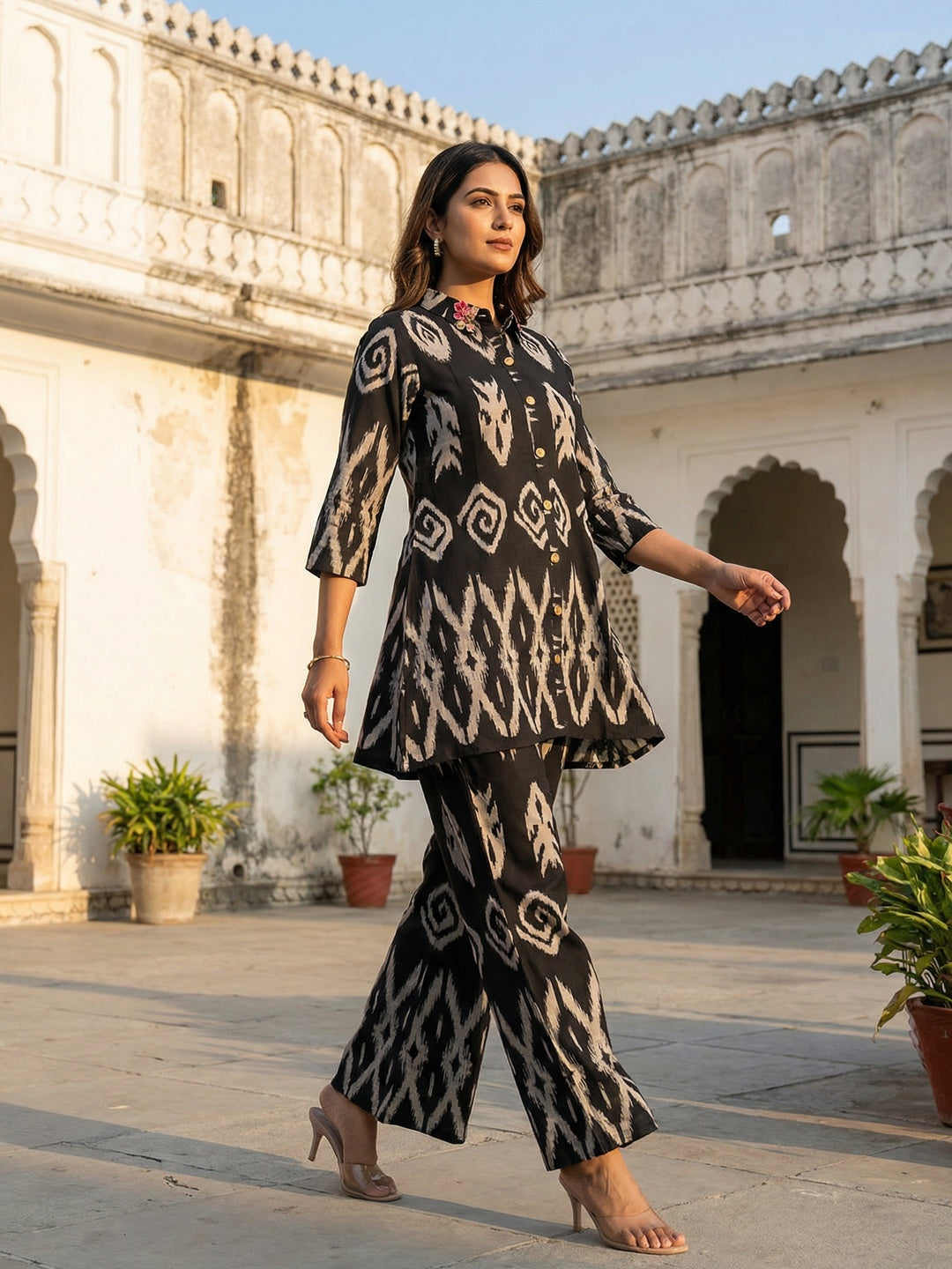 Modern Black Ikkat Printed Viscose Top and Bottom Set with Classic Traditional Appeal - Image 4