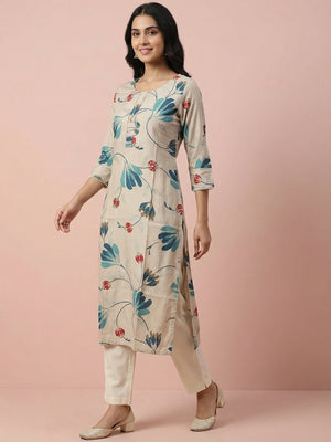 Casual Wear Cream & Turquoise Floral Printed Viscose Straight Fit Kurti with Soft Fabric Comfort - Image 1