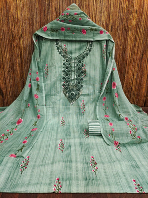 Emerald Blue Floral Printed Cotton Blend Dress Material With Elegant Sequins Embroidery Work - Image 2