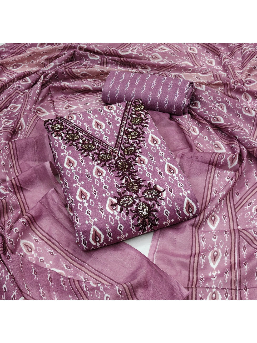 Classic Mauve Ikkat Printed Cotton Blend Dress Material With Elegant Sequins Embroidery Work On Neck - Image 2