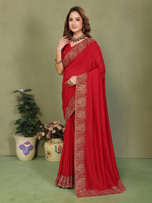 Red Vichitra Silk Saree with Stone Work Embellished Border - Image 2