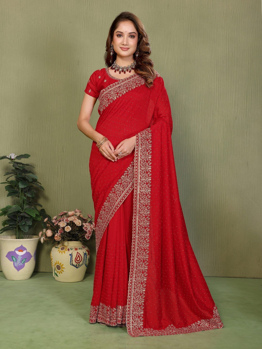 Red Vichitra Silk Party Wear Saree with Stone Work Embellished Border - Image 1