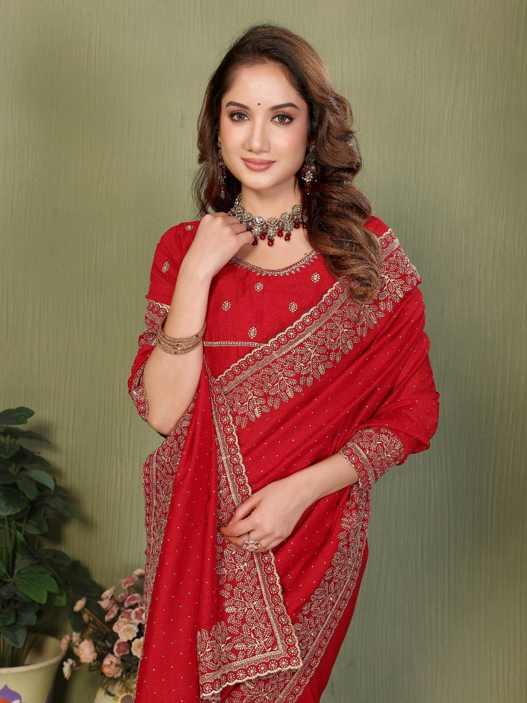 Red Vichitra Silk Party Wear Saree with Stone Work Embellished Border - Image 2