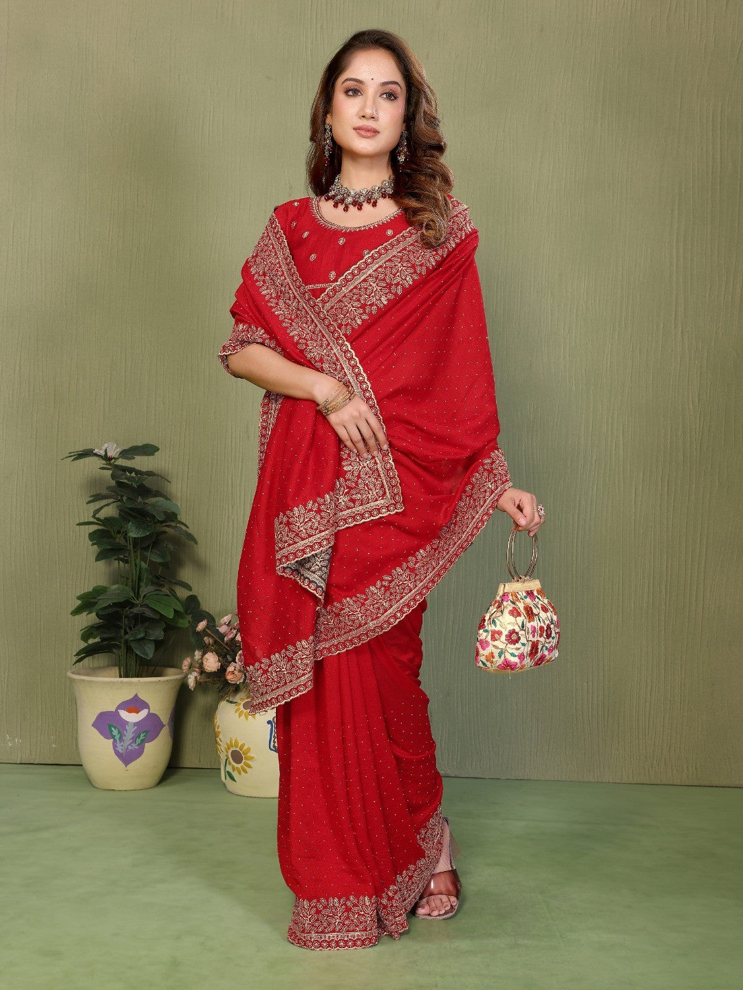 Red Vichitra Silk Party Wear Saree with Stone Work Embellished Border - Image 3