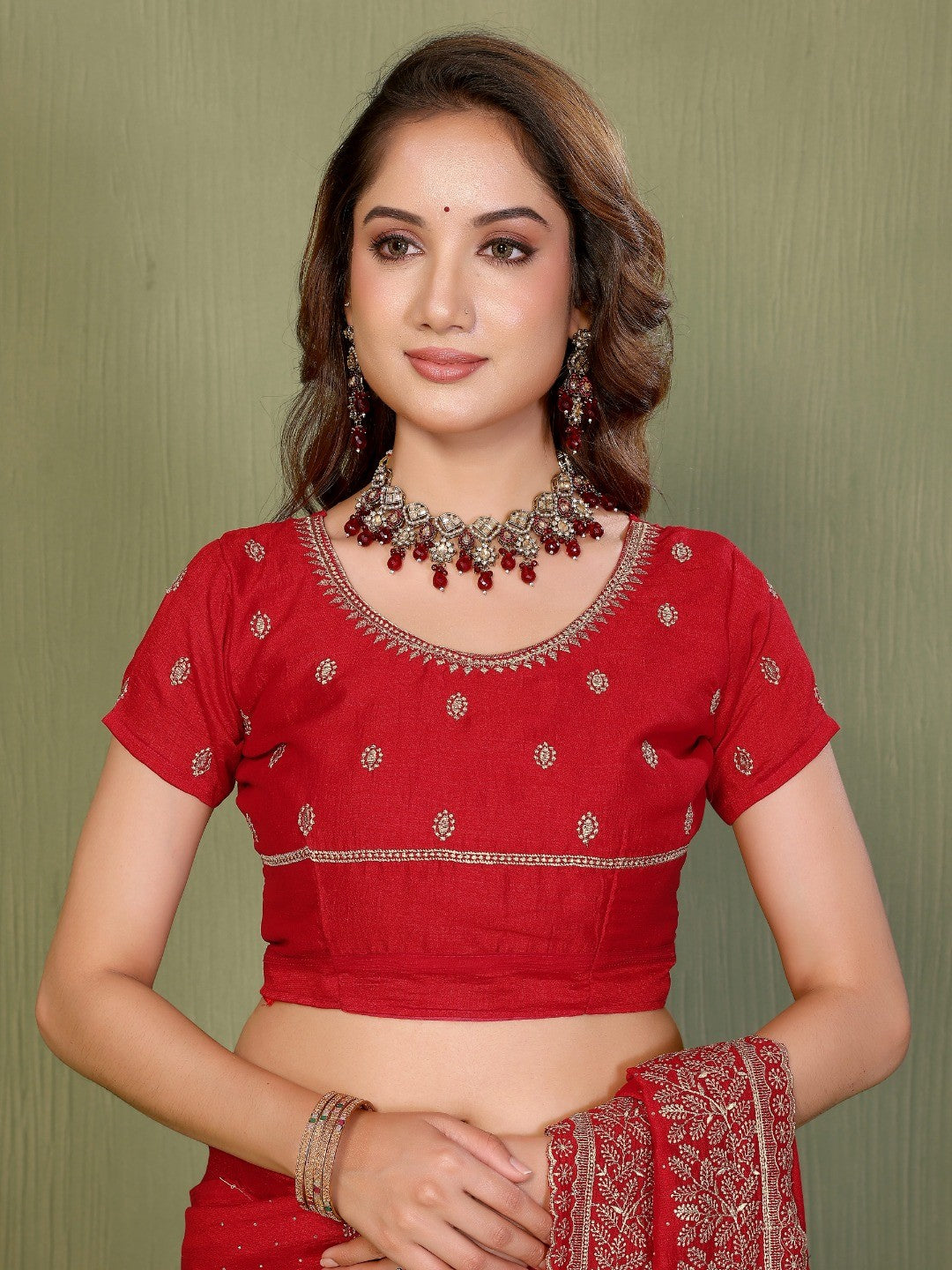 Red Vichitra Silk Party Wear Saree with Stone Work Embellished Border - Image 6