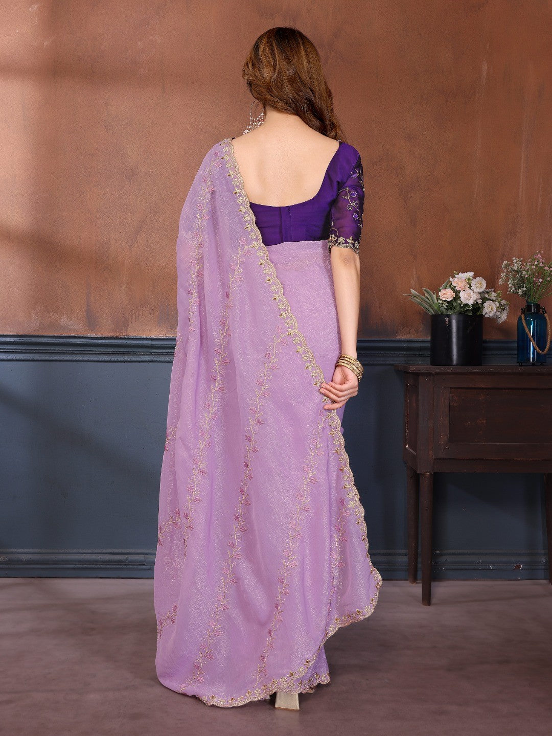 Lavender Chiffon Party Wear Saree with Artistic Embroidery and Elegant Finish - Image 3