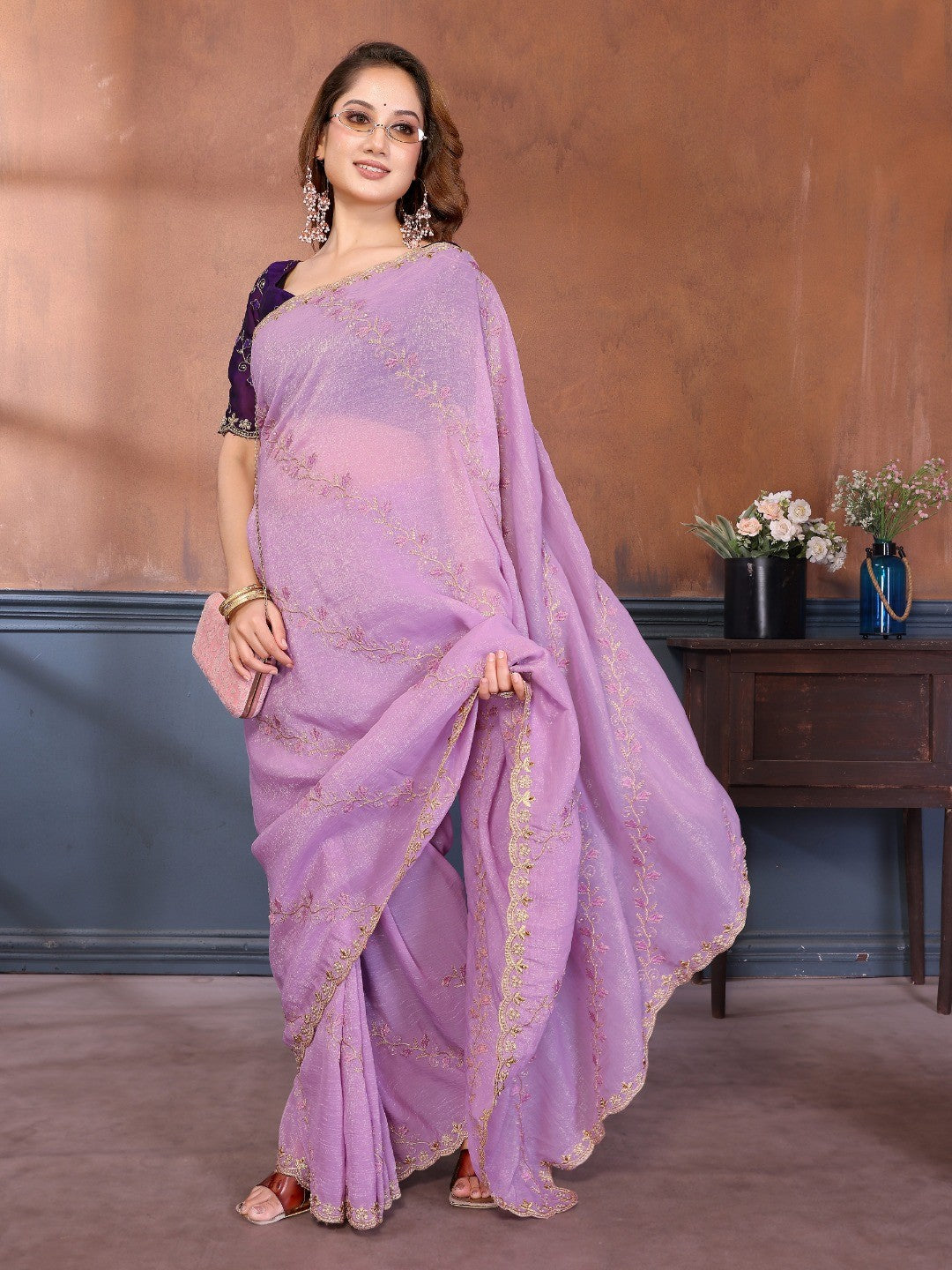 Lavender Chiffon Party Wear Saree with Artistic Embroidery and Elegant Finish - Image 4
