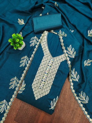 Graceful Morpich Blue Leaf Motif Embroidered Vichitra Silk Dress Material With Intricate Detailing - Image 1