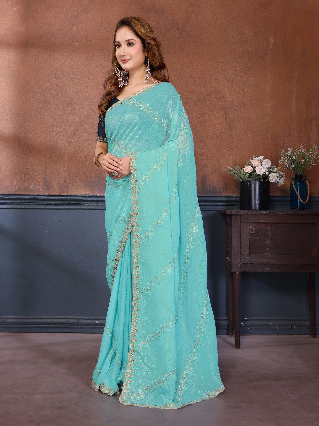 Turquoise Chiffon Party Wear Saree with Artistic Embroidery and Elegant Finish - Image 5