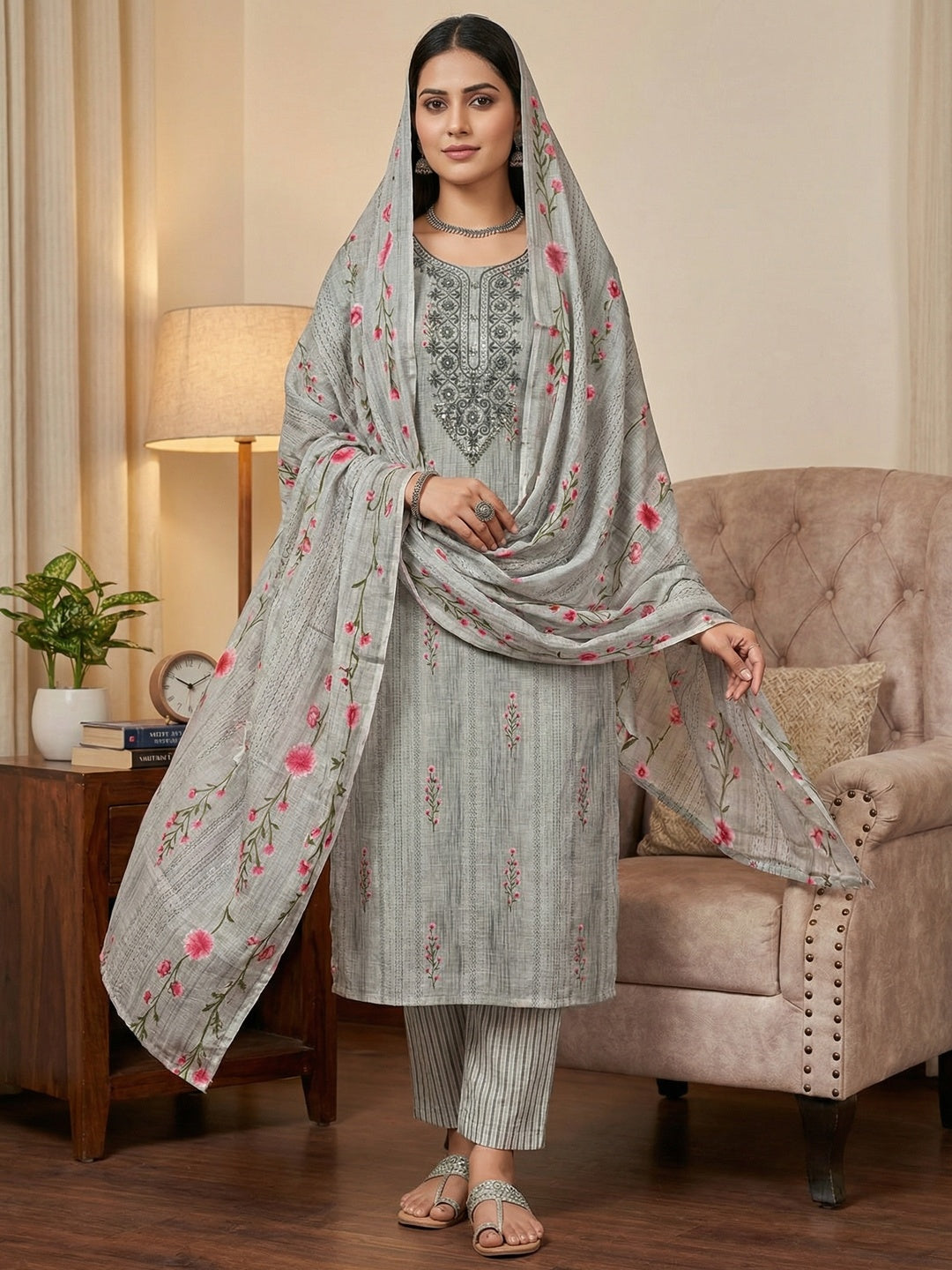 Emerald Grey Floral Printed Cotton Blend Dress Material With Elegant Sequins Embroidery Work - Image 1