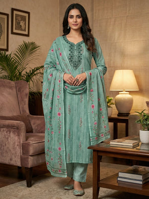 Emerald Blue Floral Printed Cotton Blend Dress Material With Elegant Sequins Embroidery Work - Image 1