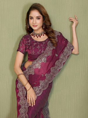 Wine Organza Chiffon Silk Saree with Sequins Work Embellishment - Image 2