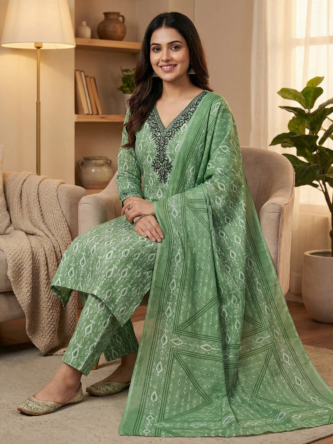 Classic Green Ikkat Printed Cotton Blend Dress Material With Elegant Sequins Embroidery Work On Neck - Image 1
