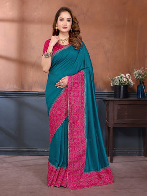 Morpich Blue Vichitra Silk Saree with Vibrant Pink Bandhani Border and Graceful Drape Finish - Image 1