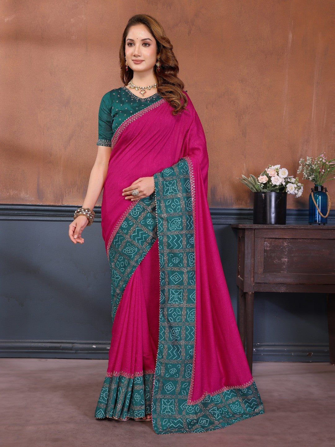 Rani Pink Vichitra Silk Saree with Vibrant Pink Bandhani Border and Graceful Drape Finish - Image 1