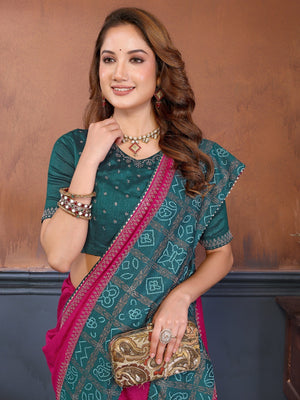 Rani Pink Vichitra Silk Saree with Vibrant Pink Bandhani Border and Graceful Drape Finish - Image 2