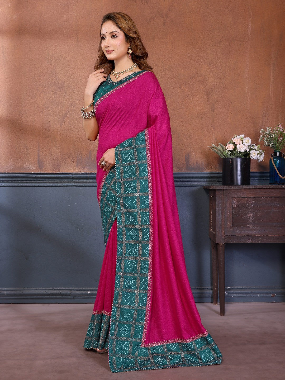 Rani Pink Vichitra Silk Saree with Vibrant Pink Bandhani Border and Graceful Drape Finish - Image 4
