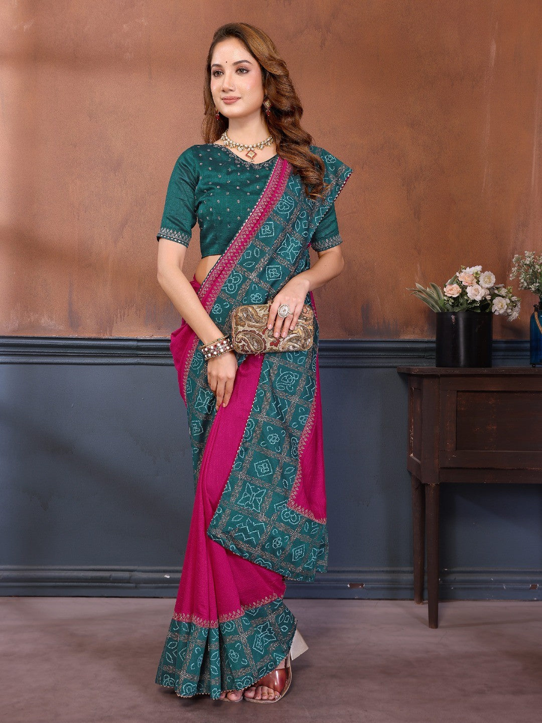 Rani Pink Vichitra Silk Saree with Vibrant Pink Bandhani Border and Graceful Drape Finish - Image 5