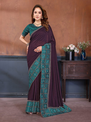Dark Wine Vichitra Silk Saree with Vibrant Morpich Green Bandhani Border and Graceful Drape Finish - Image 1