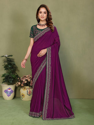 Wine Vichitra Silk Party Wear Saree Featuring Detailed Stone Work and Rich Elegant Finish - Image 1