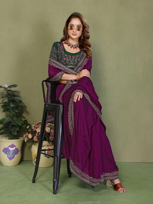 Wine Vichitra Silk Party Wear Saree Featuring Detailed Stone Work and Rich Elegant Finish - Image 2