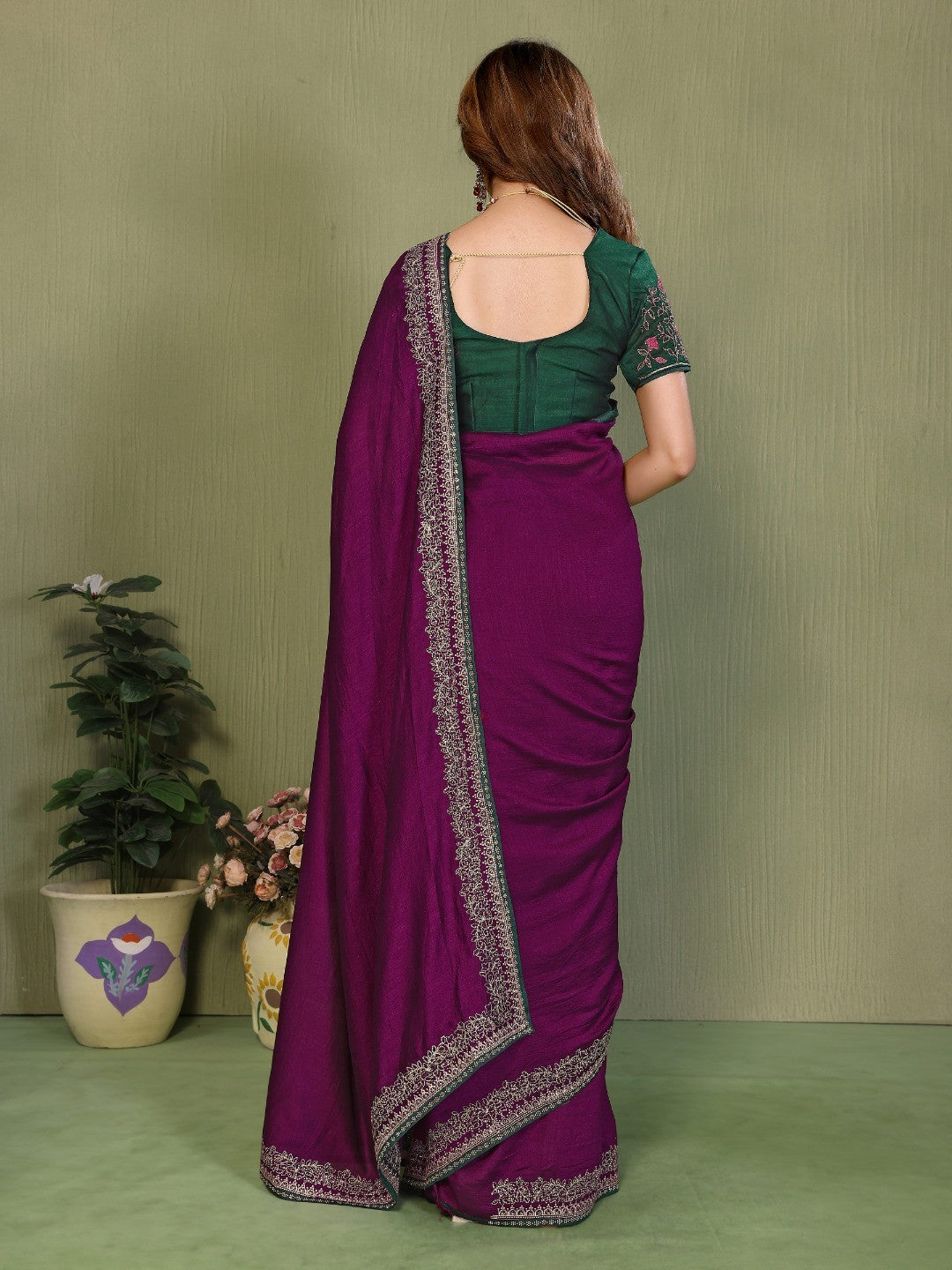 Wine Vichitra Silk Party Wear Saree Featuring Detailed Stone Work and Rich Elegant Finish - Image 3