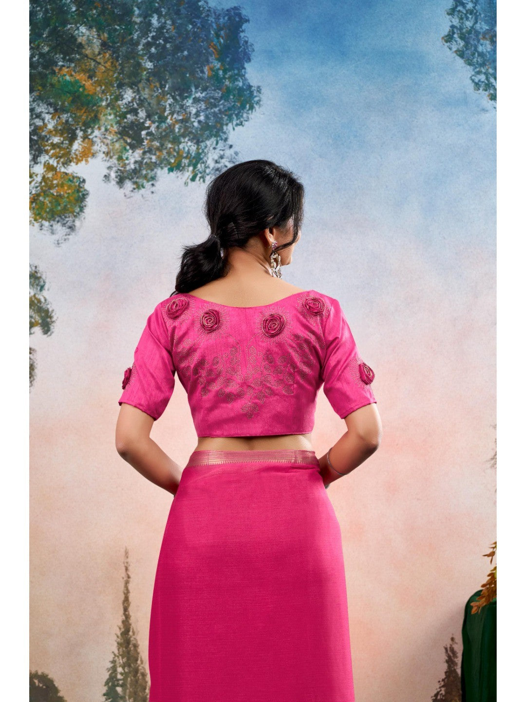 Pink Chinon Saree Featuring Classic Golden Zari Border with Smooth Solid Finish - Image 4