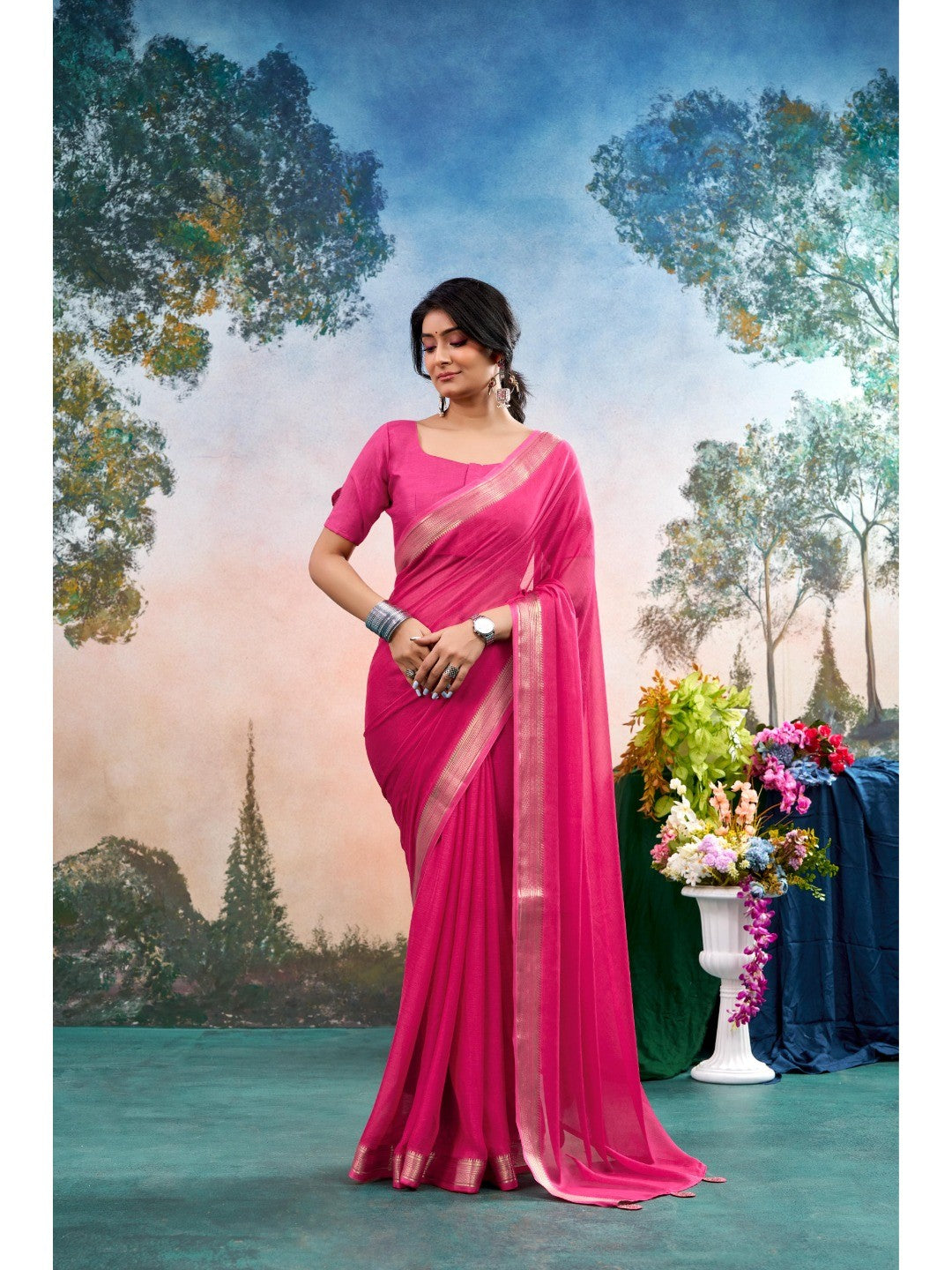 Pink Chinon Saree Featuring Classic Golden Zari Border with Smooth Solid Finish - Image 1