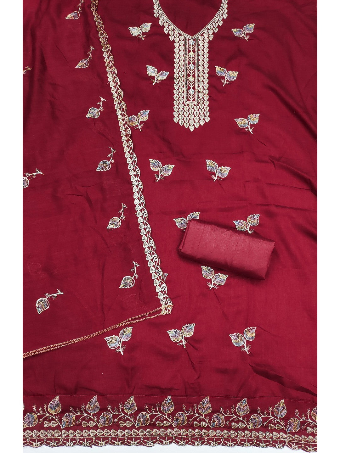 Premium Maroon Leaf Embroidery Vichitra Silk Dress Material With Rich Textured Finish - Image 3