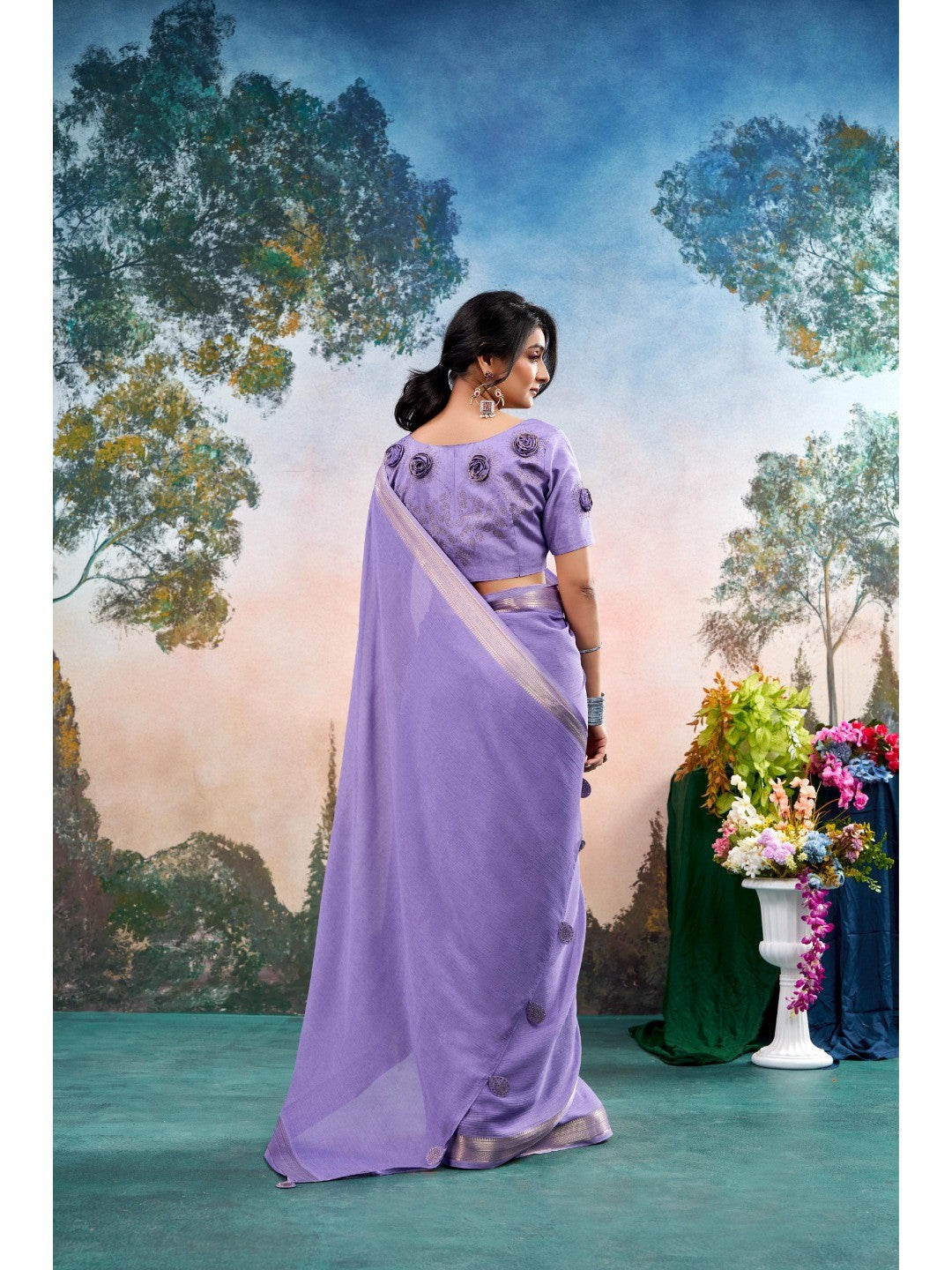 Lavender Chinon Saree Featuring Classic Golden Zari Border with Smooth Solid Finish - Image 2
