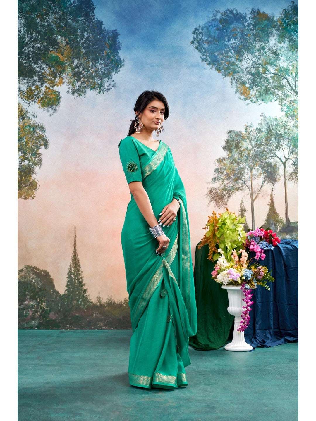 Emerald Green Chinon Saree Featuring Classic Golden Zari Border with Smooth Solid Finish - Image 1