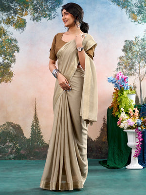 Beige Chinon Saree Featuring Classic Golden Zari Border with Smooth Solid Finish - Image 1