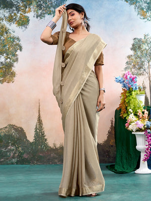 Beige Chinon Saree Featuring Classic Golden Zari Border with Smooth Solid Finish - Image 2