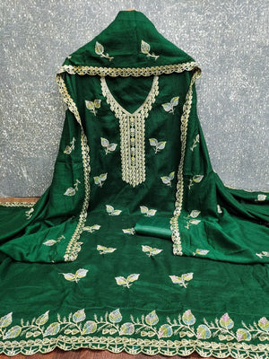 Premium Green Leaf Embroidery Vichitra Silk Dress Material With Rich Textured Finish - Image 2