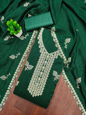 Premium Green Leaf Embroidery Vichitra Silk Dress Material With Rich Textured Finish - Image 1
