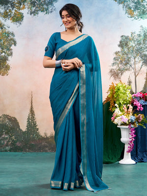 Blue Chinon Saree Featuring Classic Golden Zari Border with Smooth Solid Finish - Image 1