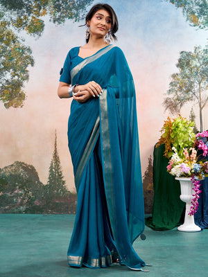 Blue Chinon Saree Featuring Classic Golden Zari Border with Smooth Solid Finish - Image 2