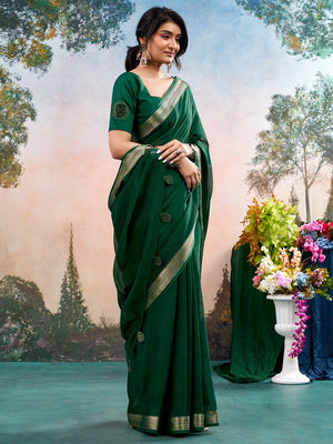 Green Chinon Saree Featuring Classic Golden Zari Border with Smooth Solid Finish - Image 1