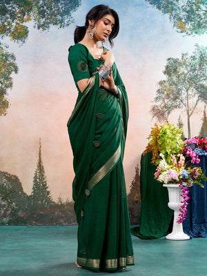 Green Chinon Saree Featuring Classic Golden Zari Border with Smooth Solid Finish - Image 2