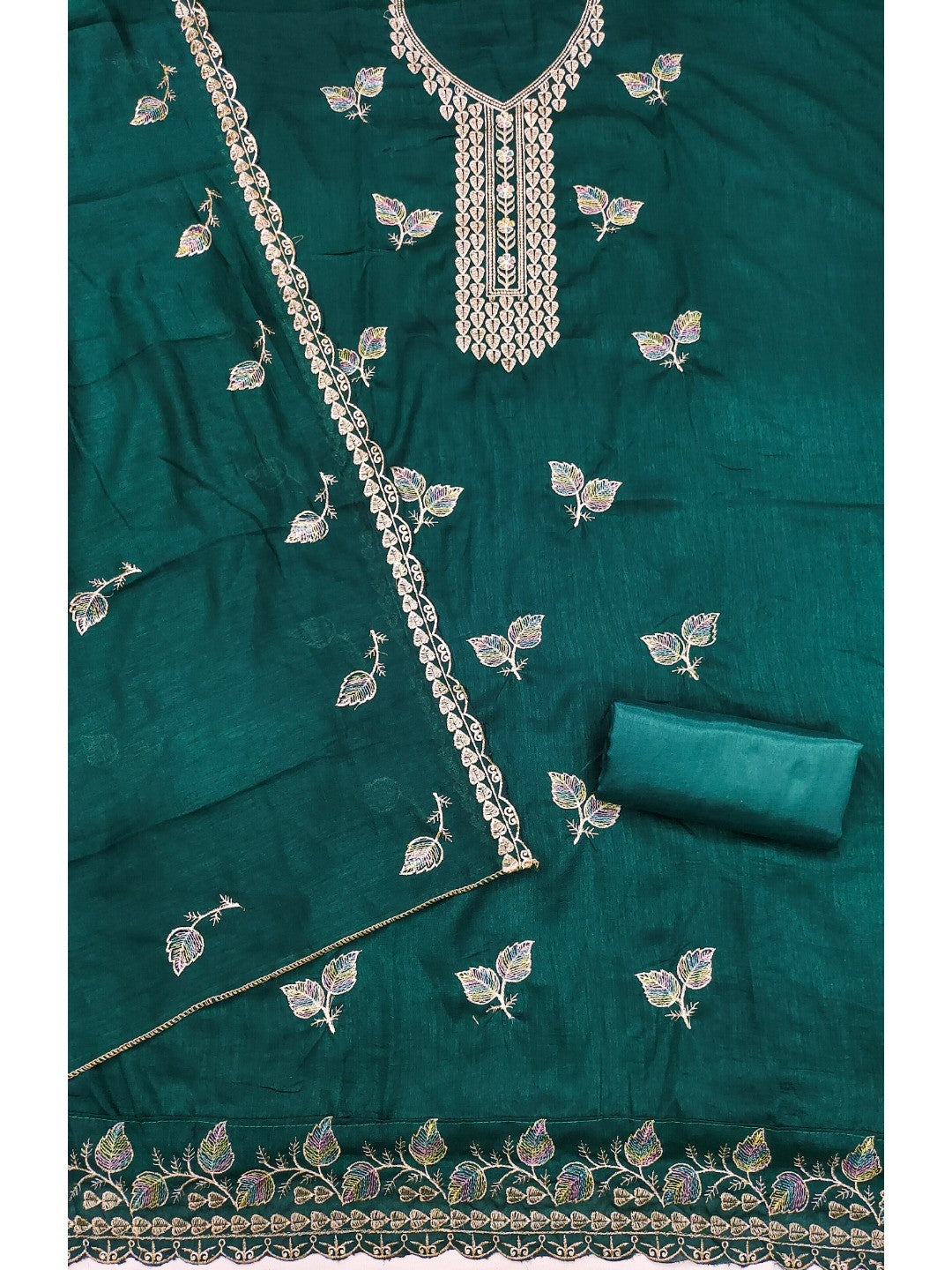 Premium Teal Green Leaf Embroidery Vichitra Silk Dress Material With Rich Textured Finish - Image 3
