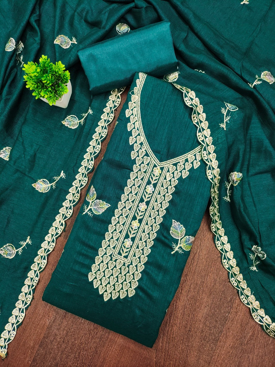 Premium Teal Green Leaf Embroidery Vichitra Silk Dress Material With Rich Textured Finish - Image 4