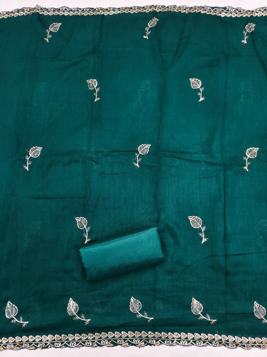 Premium Teal Green Leaf Embroidery Vichitra Silk Dress Material With Rich Textured Finish - Image 5