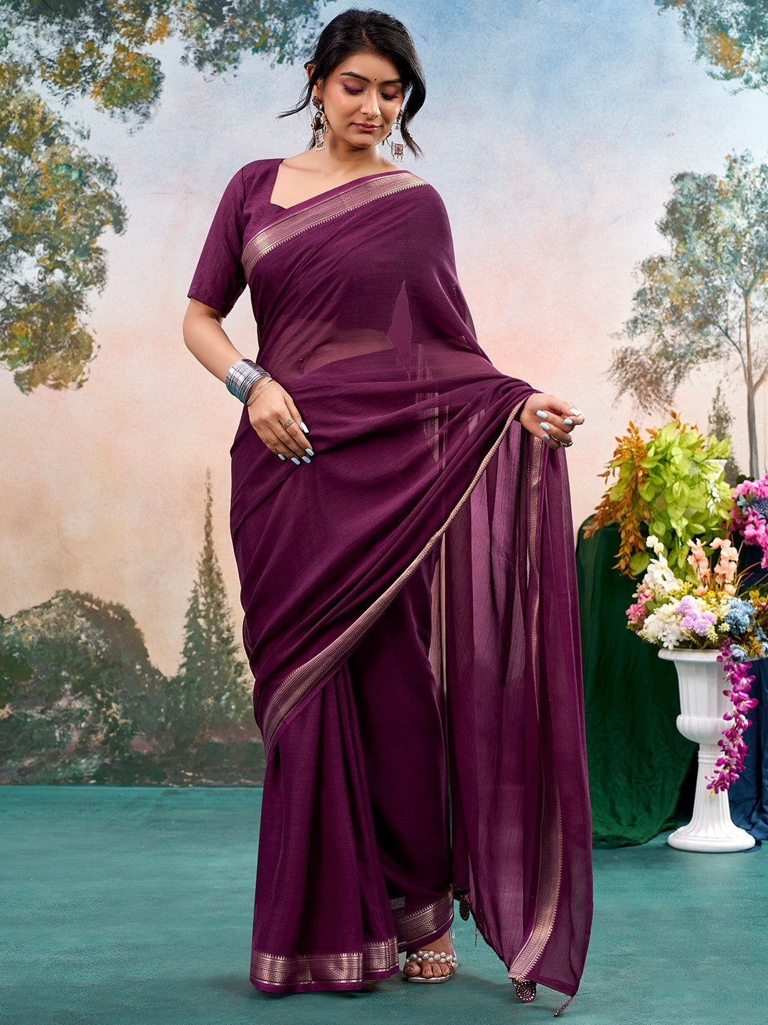 Wine Chinon Saree Featuring Classic Golden Zari Border with Smooth Solid Finish - Image 1