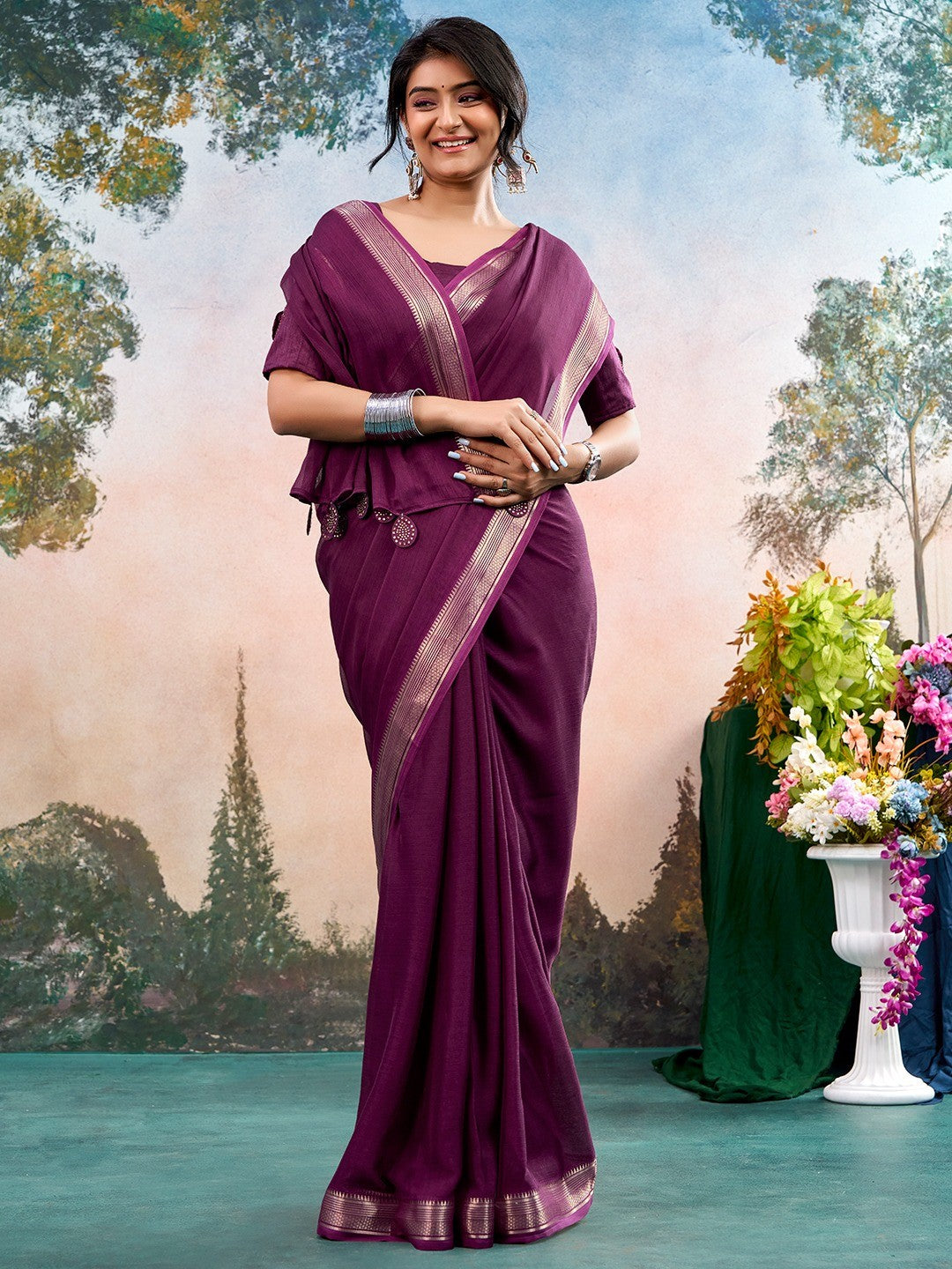 Wine Chinon Saree Featuring Classic Golden Zari Border with Smooth Solid Finish - Image 2
